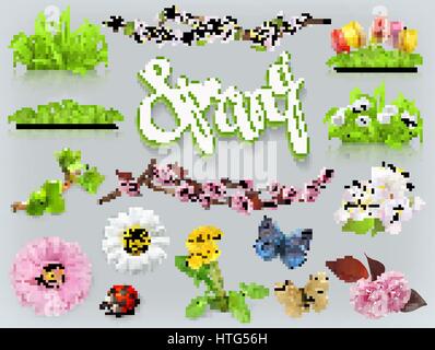 Spring set. Grass and flowers. 3d vector icon Stock Vector