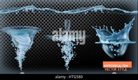 Water tornado with transparency, hyperrealism vector set Stock Vector