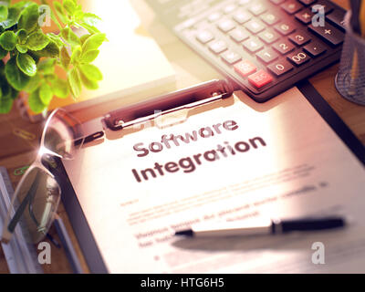 Business Concept - Software Integration on Clipboard. Composition with Clipboard and Office Supplies on Office Desk. 3d Rendering. Blurred and Toned I Stock Photo