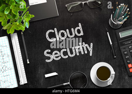 Cloud Security Handwritten on Black Chalkboard. Top View of Black Office Desk with a Lot of Business and Office Supplies on It. 3d Rendering. Toned Im Stock Photo