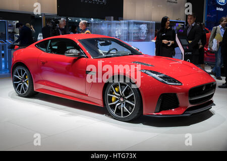 GENEVA, SWITZERLAND - MARCH 8, 2017: Jaguar F-Type SVR Coupe sports car presented at the 87th Geneva International Motor Show. Stock Photo