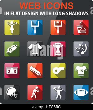 American football icons set in flat design with long shadow Stock Vector