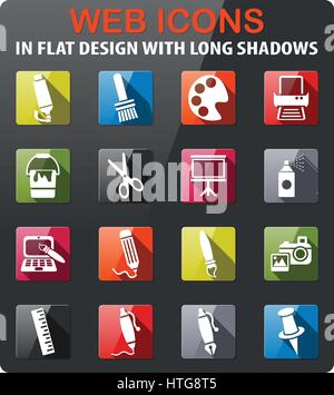art tools icons set in flat design with long shadow Stock Vector