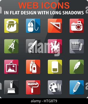 art tools icons set in flat design with long shadow Stock Vector