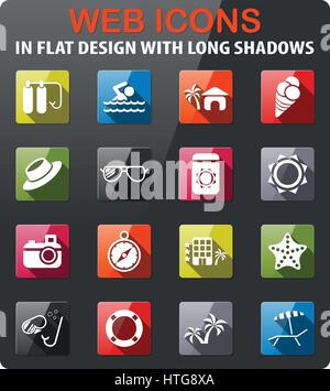 beach icons set in flat design with long shadow Stock Vector
