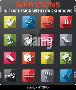 beach icons set in flat design with long shadow Stock Vector