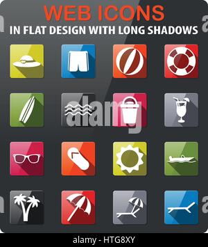 Beach icons set in flat design with long shadow Stock Vector