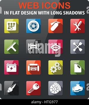 Auto icons set in flat design with long shadow Stock Vector