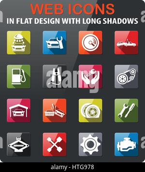 Auto icons set in flat design with long shadow Stock Vector