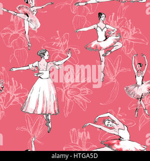 Seamless pattern of ballet dancers and white lilies, freehand drawing, watercolor painting, isolated on pink background. Fabric texture, wallpaper. Stock Photo