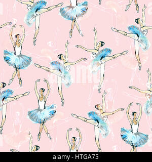 Seamless pattern of ballet dancers, black, white and silver drawing, watercolor painting, isolated on pink background. Stock Photo