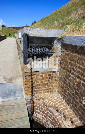 Winch to raise the drawbridge at Fort Pulaski near Savannah Geargia. Stock Photo