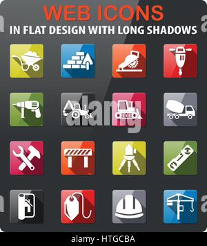 construction icons set in flat design with long shadow Stock Vector
