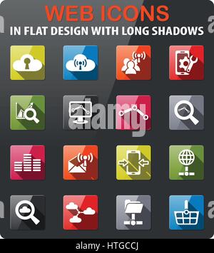 data analytic and social neicons set in flat design with long shadowtwork Stock Vector
