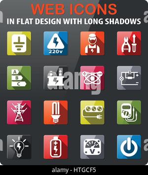 electricity icons set in flat design with long shadow Stock Vector