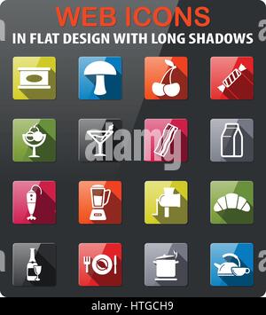 Food and kitchen icons set in flat design with long shadow Stock Vector