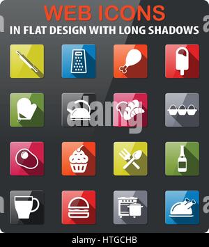 Food and kitchen icons set in flat design with long shadow Stock Vector