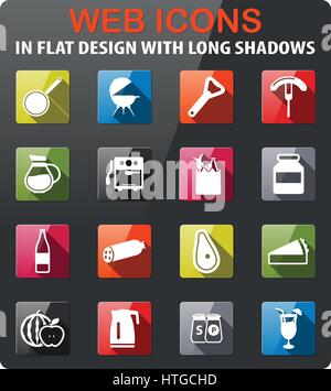 Food and kitchen icons set in flat design with long shadow Stock Vector