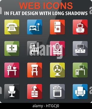 furniture icons set in flat design with long shadow Stock Vector