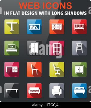 Furniture icons set in flat design with long shadow Stock Vector