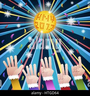 Happy new year countdown disco party with hands count number from five to one, under gold hny 2017 mirror ball and colorful confetti Stock Vector