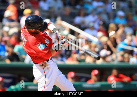Fort Myers, Florida, USA. 11th Mar, 2017. WILL VRAGOVIC | Times.Boston Red Sox second baseman Dustin Pedroia (15) singles in the third inning of the game between the Boston Red Sox and the Tampa Bay Rays at jetBlue Park in Fort Myers, Fla. on Saturday, March 11, 2017. Credit: Will Vragovic/Tampa Bay Times/ZUMA Wire/Alamy Live News Stock Photo