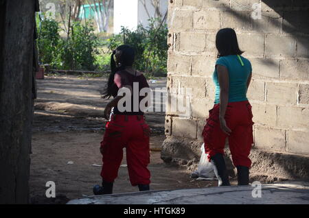 Conejo, Colombia. 03rd Mar, 2017. Two guerilla fighters near the village of Conejo, Colombia, 03 March 2017. Around 300 FARC guerillas are due to surrender their weapons in a disarmament camp here by the end of May before beginning the transition into civilian life. Photo: Georg Ismar/dpa/Alamy Live News Stock Photo