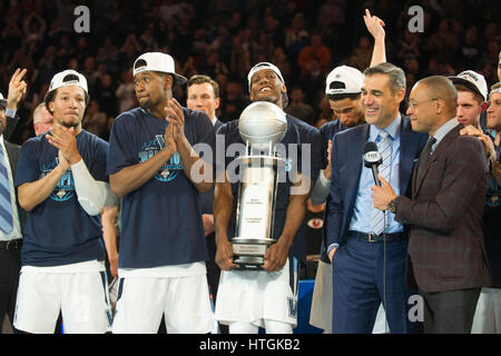 March 11, 2017: Villanova Wildcats head coach Jay Wright and The Villanova Wildcats celebrate after winning at The 35th Big East Tournament during the game between The Villanova Wildcats and The Creighton Bluejays at Madison Square Garden, New York, New York. The Villanova Wildcats defeat The Creighton Bluejays 74-60 to win The Big East Championship. Mandatory credit: Kostas Lymperopoulos/CSM Stock Photo