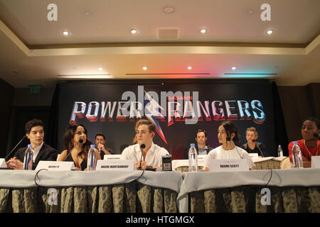 Los Angeles, USA. 11th Mar, 2017. Ludi Lin, Becky G, Dean Israelite, Dacre Montgomery, Bill Hader, Naomi Scott, John Gatins, RJ Cyler 03/11/2017 'Power Rangers' Press Conference held at Four Seasons Los Angeles at Beverly Hills in Los Angeles, CA Photo: Cronos/Hollywood News Credit: Cronos Foto/Alamy Live News Stock Photo