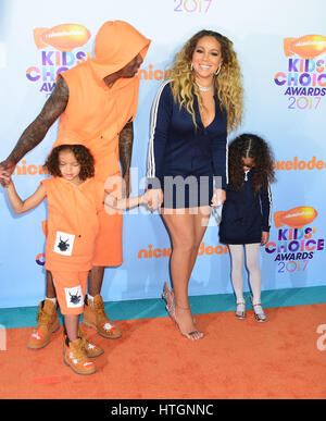 Los Angeles, California, USA. 11th Mar, 2017. Monroe Cannon, TV personality Nick Cannon, Moroccan Scott Cannon, Mariah Carey, Monroe Cannon 011 arriving at the NickelOdeon Kids Choice Awards 2017 at the Galen USC  Center in Los Angeles. March 11, 2017. Credit: Tsuni / USA/Alamy Live News Stock Photo