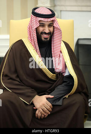 Washington DC, USA 14th March, 2017 Mohammed bin Salman, Deputy Crown Prince and Minister of Defense of the Kingdom of Saudi Arabia meets with United States President Donald Trump, in the Oval Office at the White House, March 14, 2017 in Washington, DC Stock Photo