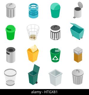 Trash can icons set, isometric 3d style  Stock Vector