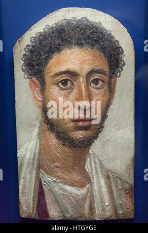 Fayum mummy portrait of a young man in Roman clothing from the Hawara Necropolis (140 AD) on display in the Staatliche Antikensammlungen (Bavarian State Collection of Antiques) in Munich, Bavaria, Germany. Stock Photo