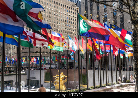 International Nation Flags Displayed at Rockefeller Center, NYC, USA Stock Photo