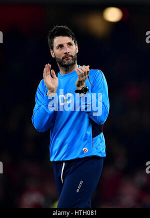 Lincoln City manager Danny Cowley during the Emirates FA Cup quarter final at The Emirates Stadium, London. PRESS ASSOCIATION Photo. Picture date: Saturday March 11, 2017. See PA story SOCCER Arsenal. Photo credit should read: Dominic Lipinski/PA Wire. RESTRICTIONS: No use with unauthorised audio, video, data, fixture lists, club/league logos or 'live' services. Online in-match use limited to 75 images, no video emulation. No use in betting, games or single club/league/player publications. Stock Photo