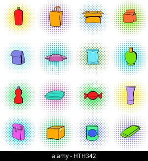 Package icons set, comics style Stock Vector