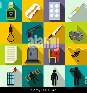 Suicide icons set, flat style  Stock Vector