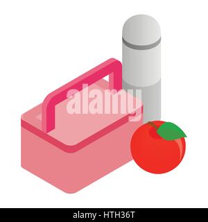 Pink lunch box, red apple and thermos icon Stock Vector