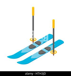 Blue skis and ski poles icon, isometric 3d style Stock Vector