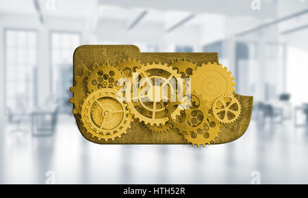 Color gears and cogwheels mechanism or engine on white office background. 3d rendering Stock Photo