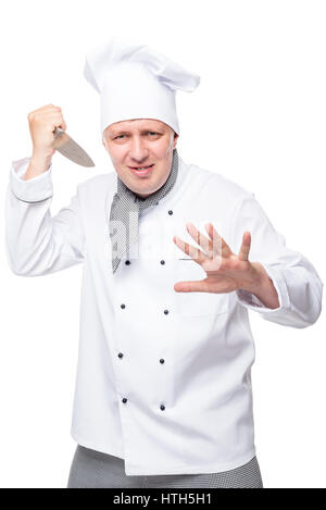 Vertical portrait of a crazy aggressive chefs on a white background Stock Photo