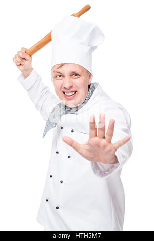 an angry chef with a wooden rolling pin attack on a white background Stock Photo
