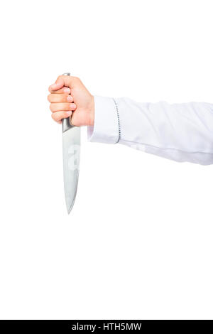 a large chef's knife in hand isolated on white background Stock Photo