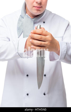 serious cook with a very sharp knife in his hands on a white background Stock Photo