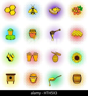 Beekeeping icons set, comics style Stock Vector