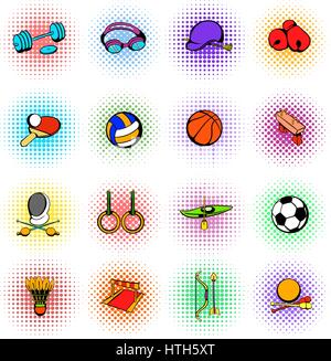 Sports equipment icons set, comics style Stock Vector
