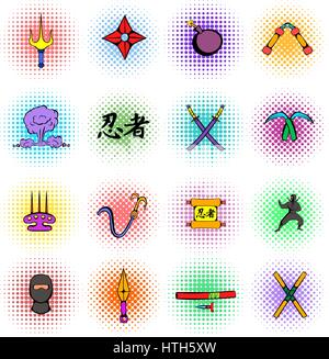 Ninja weapon icons set, comics style  Stock Vector