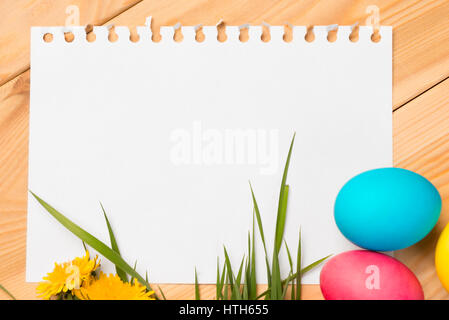 Easter eggs and blank paper for congratulation Stock Photo