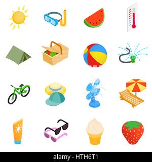 Summer elements icons set, isometric 3d style Stock Vector