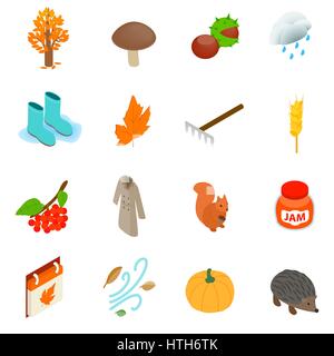 Autumn elements icons set, isometric 3d style  Stock Vector
